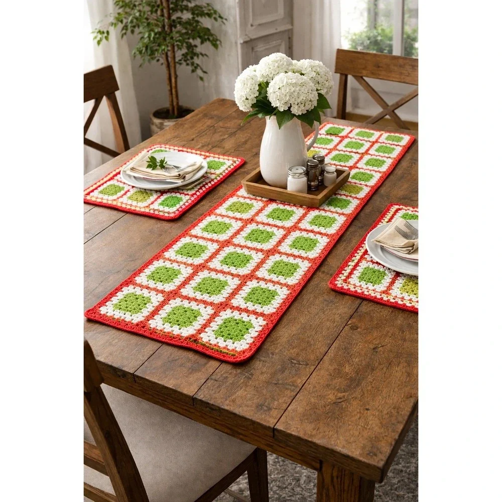 Handmade Crochet Granny Square Table Runner Placemat Set Red Green White‎ Boho